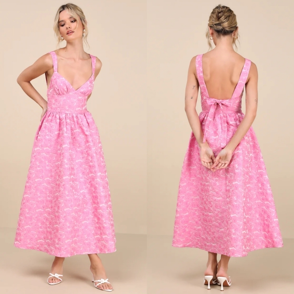 Lulus Rudra Pink Floral Jacquard A-Line Backless Midi Dress S Wedding Party Prom